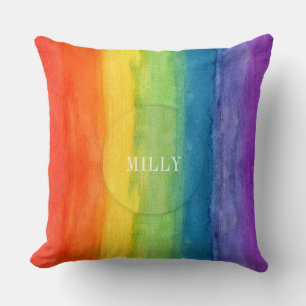 Cojín Decorativo Arcoíris Acuarela Nombre Personalizado Moderno
