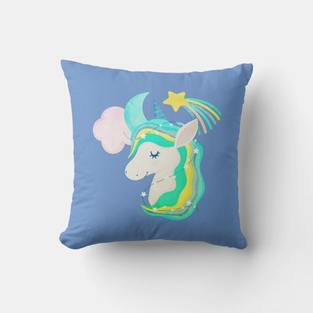 Cojín decorativo arcoiris azul cielo de unicornio (Anverso)