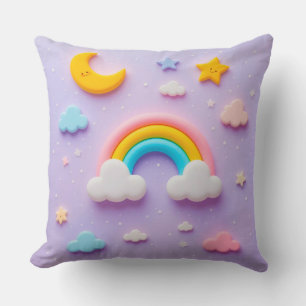 Cojín Decorativo Arcoíris Colorido y Nubes Felices con Luna