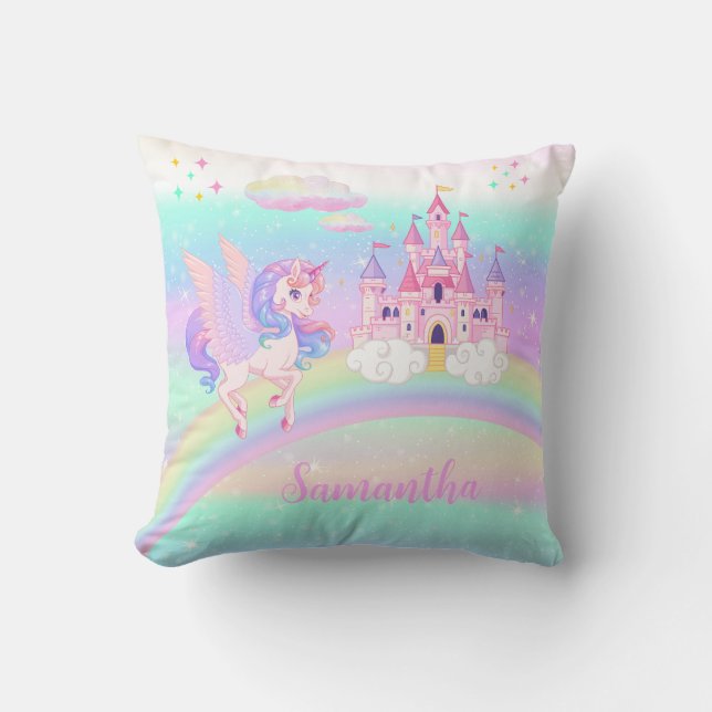 Cojín Decorativo arcoiris de unicornio mágico personalizado (Anverso)