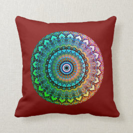 Cojín Decorativo Arcoiris divertido y Mandala corazón en rojo oscur