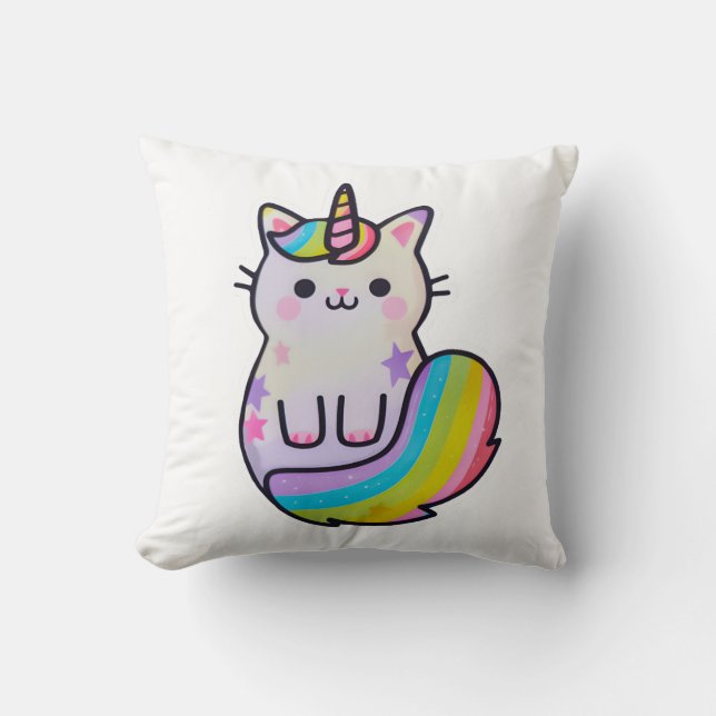 Cojín Decorativo Arcoiris unicornio de gato blanco (Anverso)