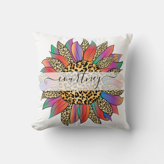 Cojín Decorativo Arcoíris y estampado de leopardo personalizado  (Anverso)