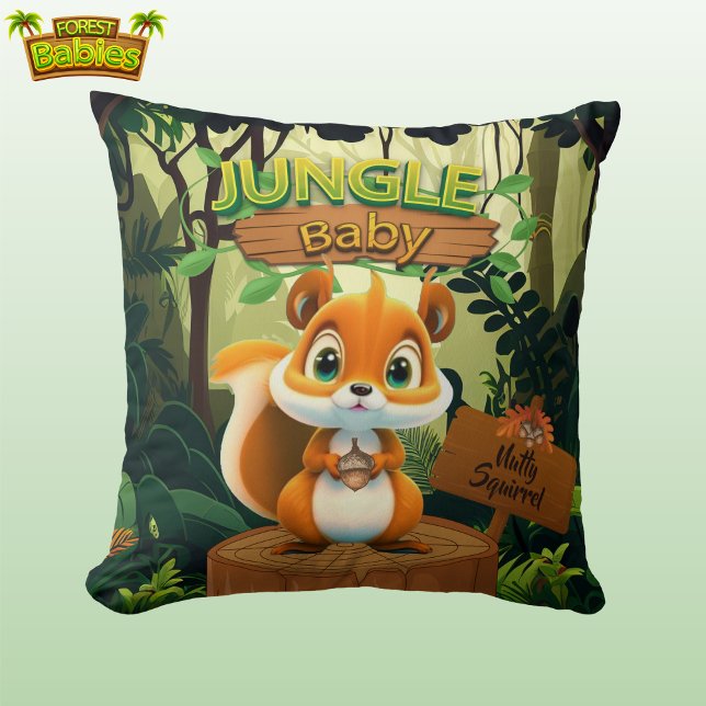 Cojín Decorativo Ardilla Ardilla de arte de guardería inspirada en  (Cute Jungle Baby Nutty Squirrel Whimsical Woodland Wildlife Animal Nature-Inspired Throw Pillow 🐿)