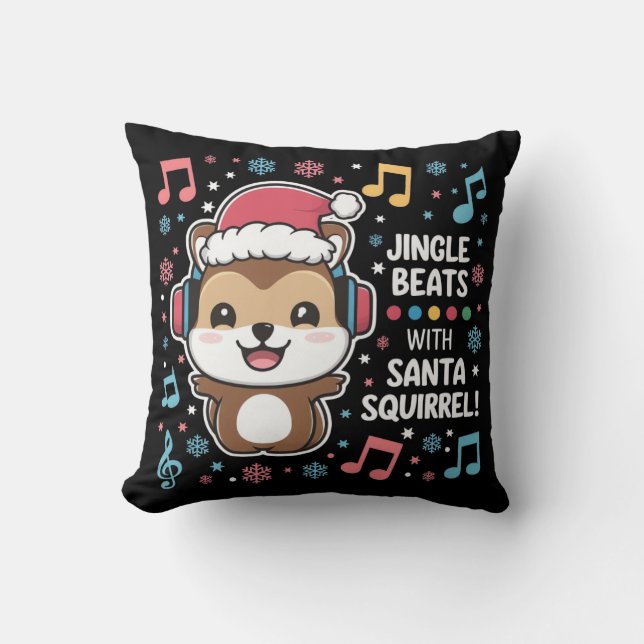 Cojín Decorativo Ardilla en auriculares y Santa Hat - Golpe de jing (Anverso)