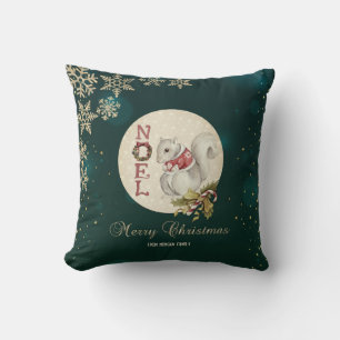 Cojín Decorativo Ardilla Navideña Vintage, Copos de Nieve