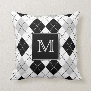 Cojín Decorativo Argyle blanco y negro gris con monograma