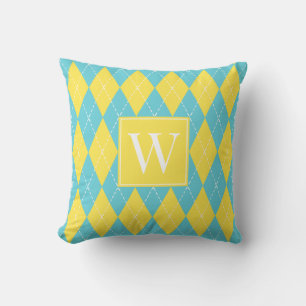 Cojín Decorativo Argyle Cosido a Mano Preppy – Amarillo y Turquesa