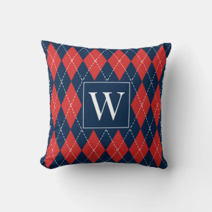 Cojín Decorativo Argyle Cosido a Mano Preppy – Rojo Blanco y Azul M