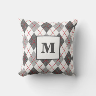 Cojín Decorativo Argyle Cuadros Rojo Gris Plata Monograma Inicial