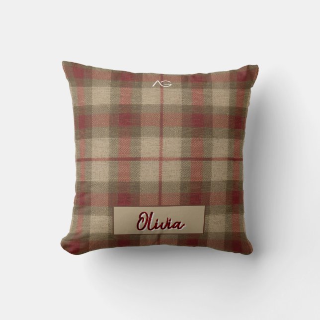 Cojín Decorativo Aria Grace Olive & Wheat Rustic Plaid Pattern Name (Anverso)