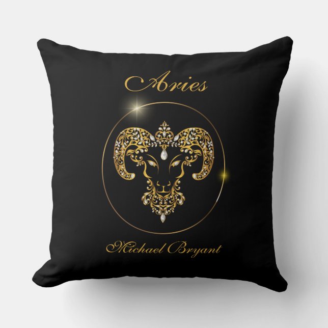 Cojín Decorativo Aries Zodiac Rótulo Sol Negro Oro Personalizado (Anverso)