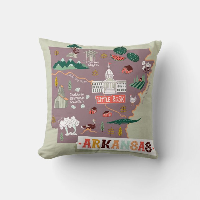Cojín Decorativo Arkansas Ilustradas: Mapa de viajes de Estados Uni (Anverso)