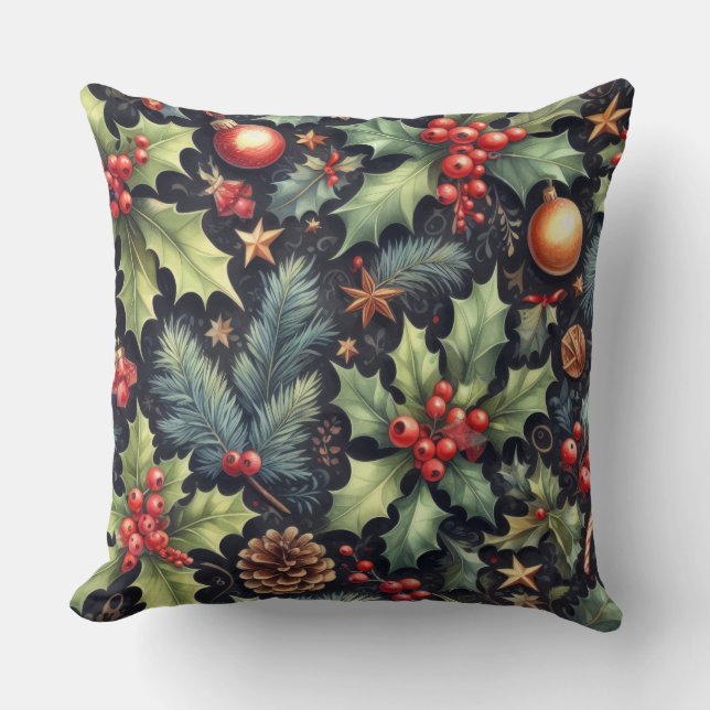 Cojín Decorativo Armada acuarela y motivos holly navideños (Anverso)
