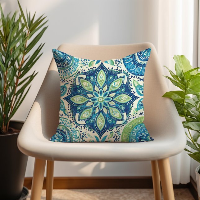 Cojín Decorativo Armada verde azulada Lime Mandela Boho (Teal Navy Lime Mandela Boho Throw Pillow)