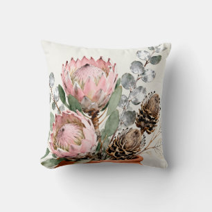 Cojín Decorativo Arreglo de Protea Eucalipto Acuarela