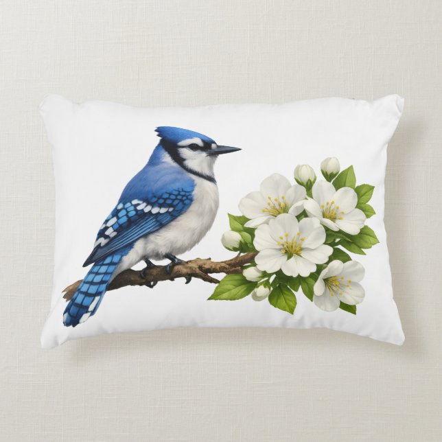 Cojín Decorativo Arrendajo Azul con Flores Blancas (Anverso)