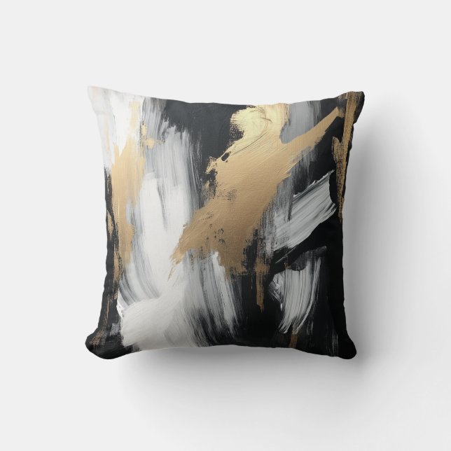 Cojín Decorativo Arrojamiento de pincel negro, blanco y dorado (Anverso)