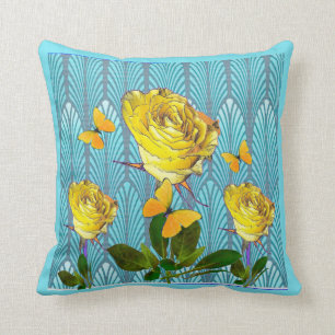 COJÍN DECORATIVO ART DÉCO AZUL Y MARIPOSAS DE LOS ROSAS AMARILLOS