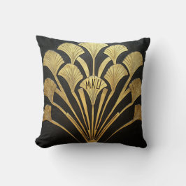 Cojín Decorativo Art Deco Black and Gold Hieroglyphic Plant Motif