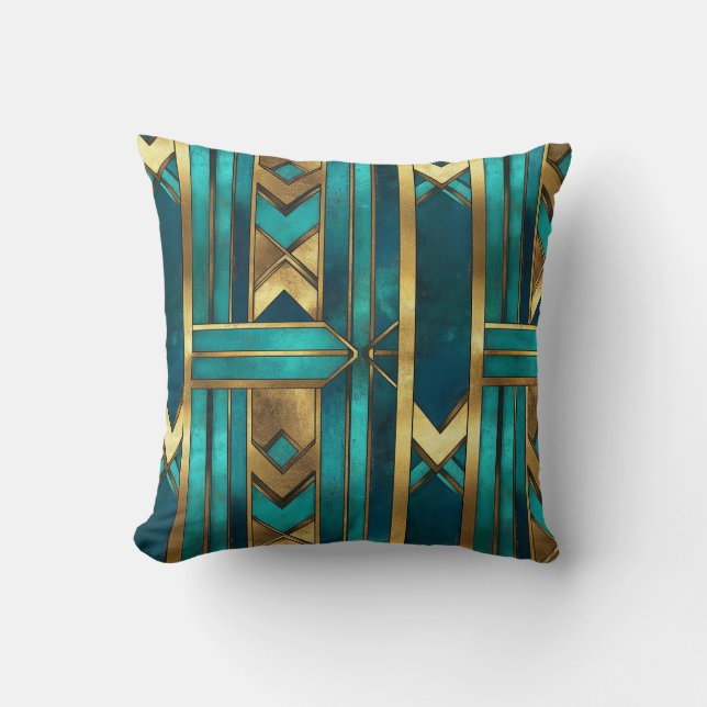 Cojín Decorativo Art Deco Geometric Arrows, Gold and Turquoise (Anverso)