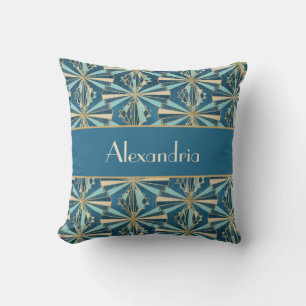 Cojín Decorativo Art Deco Geométrico Dorado, Azul y Turquesa Lujo G