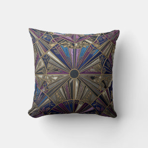 Cojín Decorativo Art Deco Morado Dorado Explosión de Sol