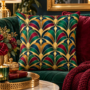 Cojín Decorativo Art Deco Navy, Burgundy, Gold, Verde Geométrico