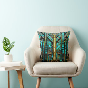 Cojín Decorativo Art Deco Turquesa Oro Negro Geométrico