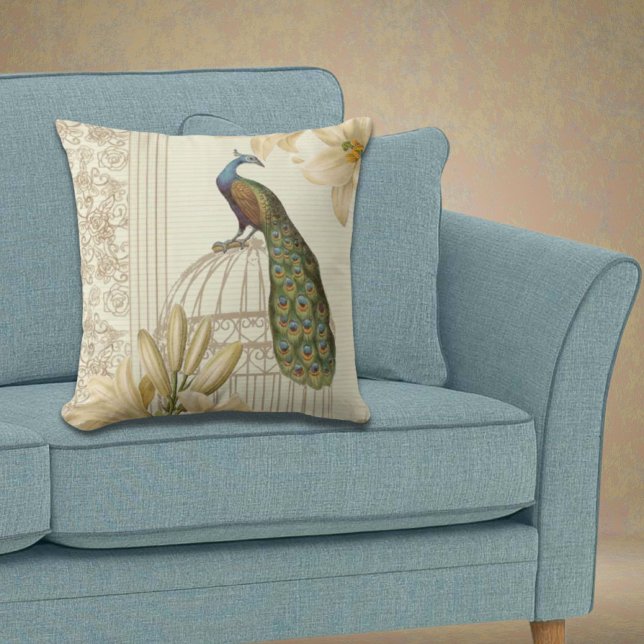 Cojín Decorativo art nouveau french lily vintage bircage peacock (art nouveau french lily vintage birdcage peacock throw pillow)