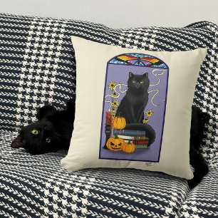 Cojín Decorativo Art Nouveau Gato Negro Calabaza Púrpura Otoño Amar
