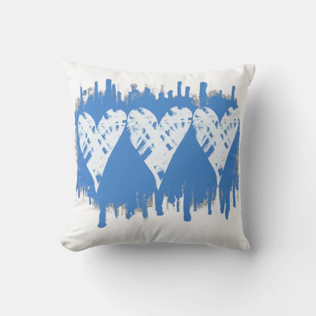 Cojín Decorativo arte abstracto de corazones pintados azul y blanco (Anverso)