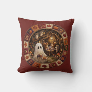 Cojín Decorativo Arte acogedor de té de fantasmas otoñales en el bo