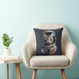 Cojín Decorativo Arte Acuarela de Gato Astronauta en el Espacio