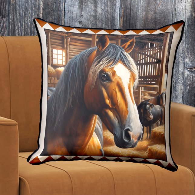 Cojín Decorativo Arte animal de granja de caballos (Pillow featuring a painting of a cute horse in a stable with other animals - farmhouse - horse lover)