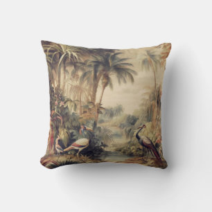 Cojín Decorativo Arte botánico antiguo de grulla tropical y palma