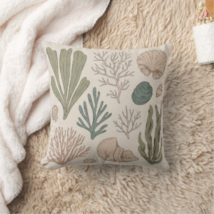 Cojín Decorativo Arte botánico de flora y fauna costera y algas mar