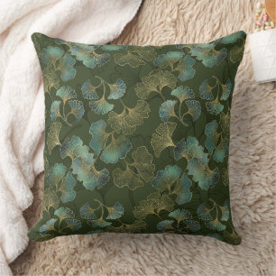 Cojín Decorativo Arte Botánico de Ginkgo en Oro Refinado Esmeralda 