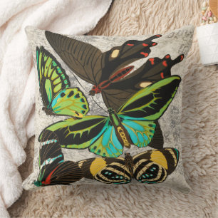 Cojín Decorativo Arte Botánico de Mariposas Vintage Francés