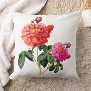 Cojín Decorativo arte botánico vintage flores de rosa rosadas y roj