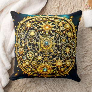 Cojín Decorativo Arte Celestial de Relojería Dorada