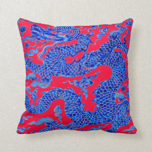 Cojín Decorativo Arte chino azul rojo del florero del vintage del