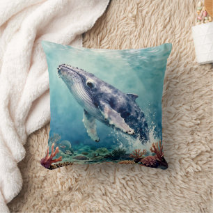 Cojín Decorativo Arte costero acuarela de ballena azul oceánica