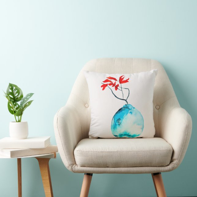 Cojín Decorativo Arte de acuarela con jarrón azul de Ikebana (Silla)