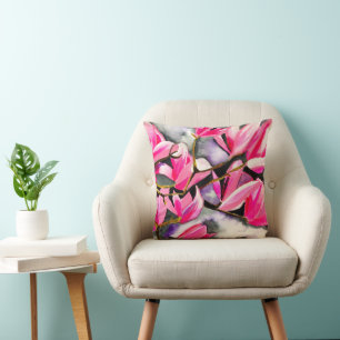 Cojín Decorativo arte de acuarela de magnolia rosa