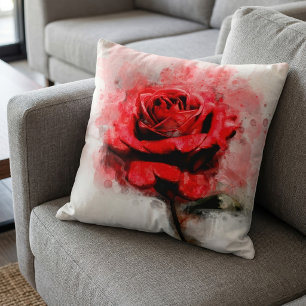 Cojín Decorativo Arte de Acuarela de Rosa Roja sobre Fondo Blanco