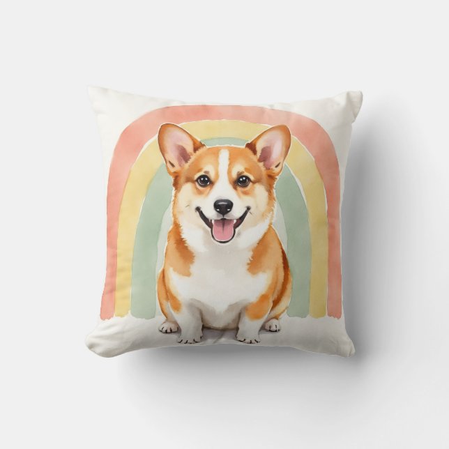 Cojín Decorativo Arte de Arcoíris Acuarela Corgi (Anverso)