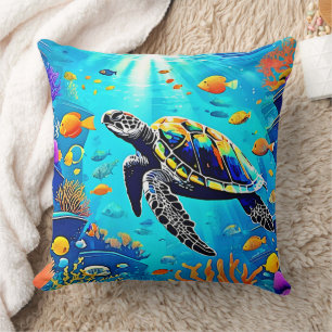 Cojín Decorativo Arte de arrecife de coral de tortuga marina