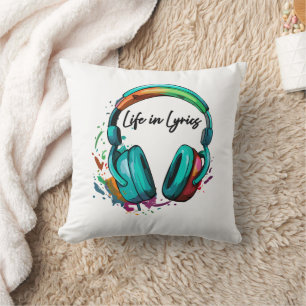 Cojín Decorativo Arte de auriculares multicolores "Life in Lyrics"
