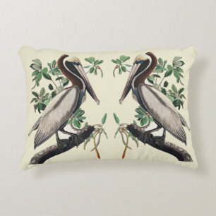 Cojín Decorativo Arte de ave costera pelícano marrón vintage Audubo